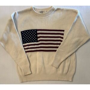 Vintage Cotton Club Sweater Size XXL Beige American Flag‎ Cotton Pullover